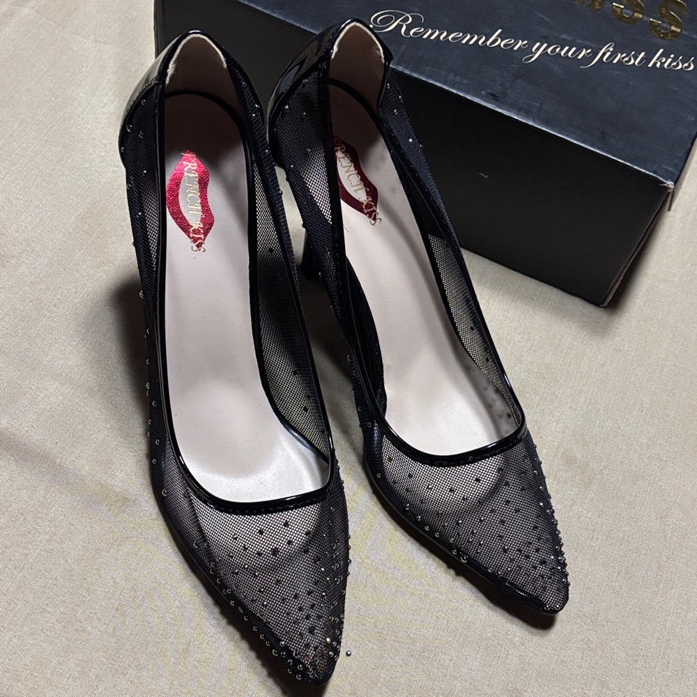 Black Mesh Pointed-Toe Heels with Crystal Detail
